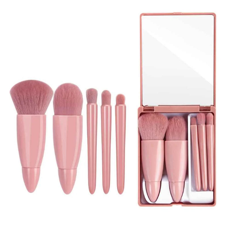 Mini Portable Makeup Mirror With 5 Pcs Makeup Brushes Magnifying Glass Hand Hold Pocket Foldable Makeup